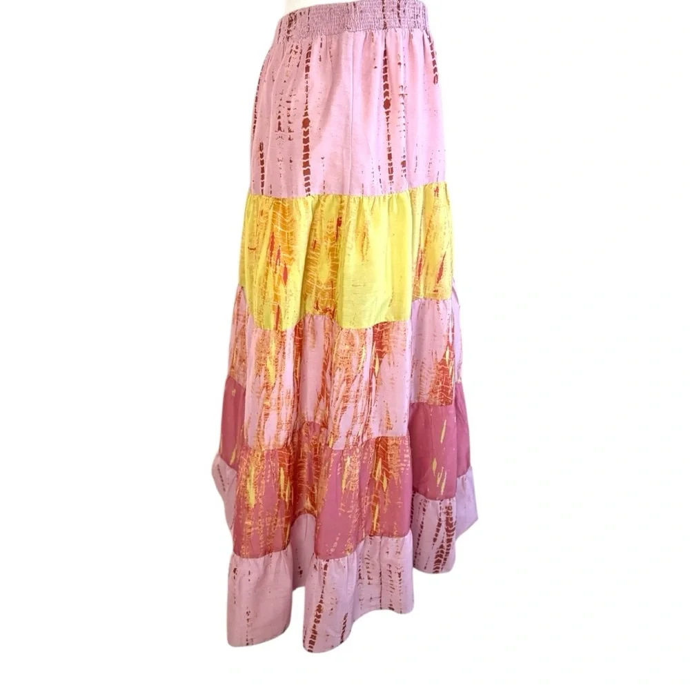Anthropologie Maxi Tiered Skirt in Pink and Yellow